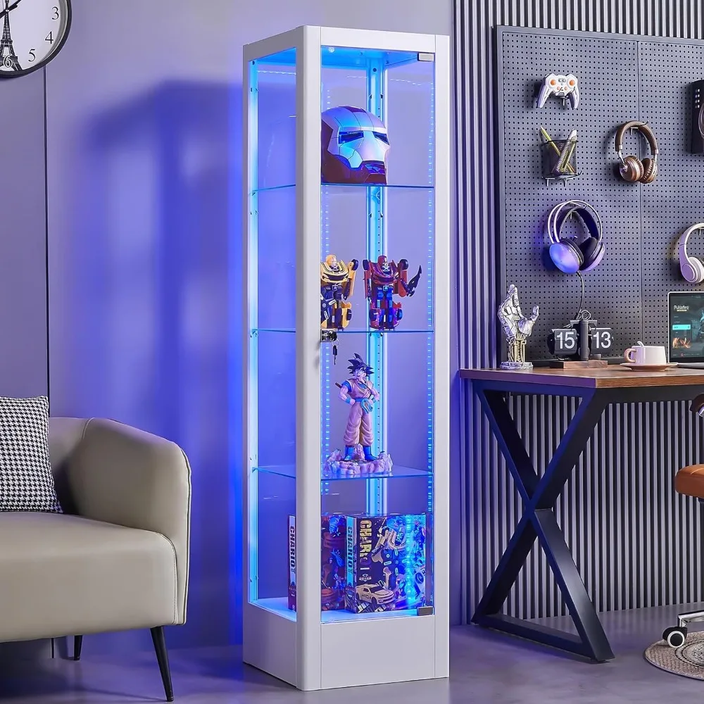 Vitrina de vidrio con luz LED y cerradura, gabinete de almacenamiento Curio de 63", estantes ajustables de vidrio templado de 4 niveles, pantalla de metal