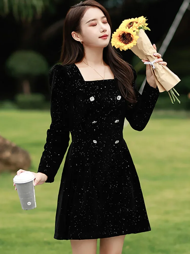 

2025 Black Bright Silk Velvet Square Collar Mini Dress Women Vintage Hepburn Prom Clothes Autumn Winter Korean Elegant Vestidos