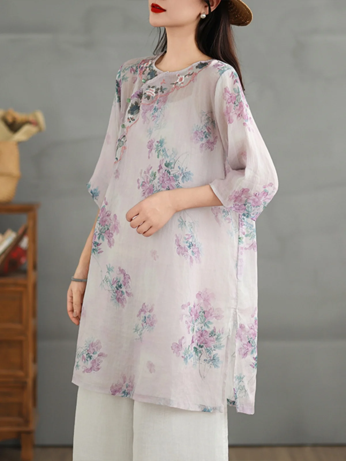 Retro haftowany nadruk, bawełna i len, rękaw 3/4, damska letnia nowość, chiński styl, narodowy trend, zapinana na guziki.