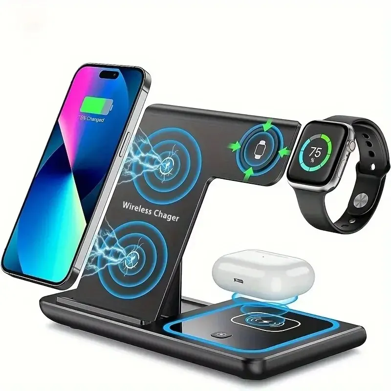 3 In 1 Wireless Charger Stand Foldable Fast Charging Station Dock Mobile Phone Holder for iPhone 15 14 13 12 Apple Watch Airpods