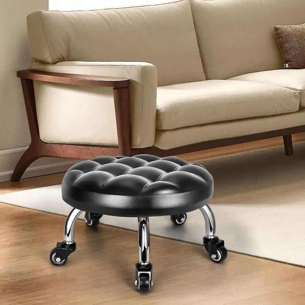 

PU Leather Rotating Rolling Stool Waterproof Universal Wheel Rolling Pulley Chair Easy Mobility 360 Degree Rotating Low Seat
