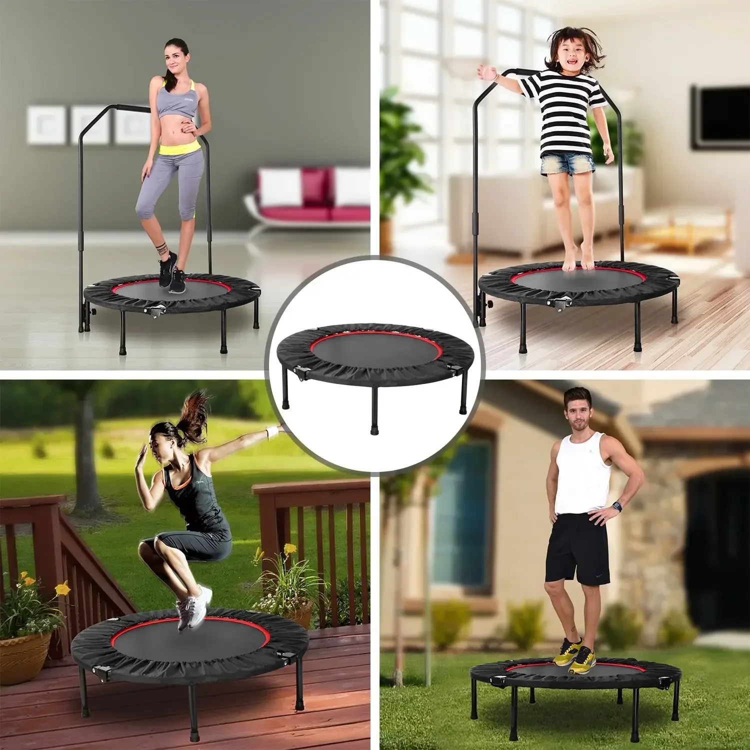 Folding Mini Trampoline,Exercise Trampoline with Adjustable Handle, Rebounder Trampoline for Adults Fitness, Indoor Trampoline