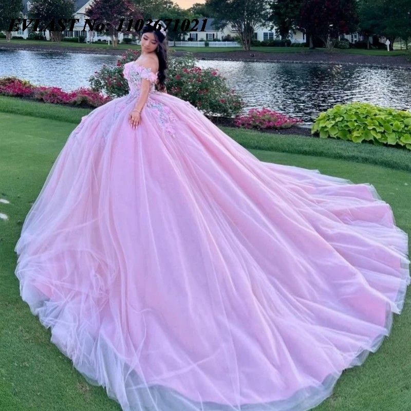 EVLAST Mexico różowa sukienka na Quinceanera suknia balowa 3D kwiatowa aplikacja wyszywana kryształkami gorset słodki 16 Vestidos De XV 15 Anos SQ70