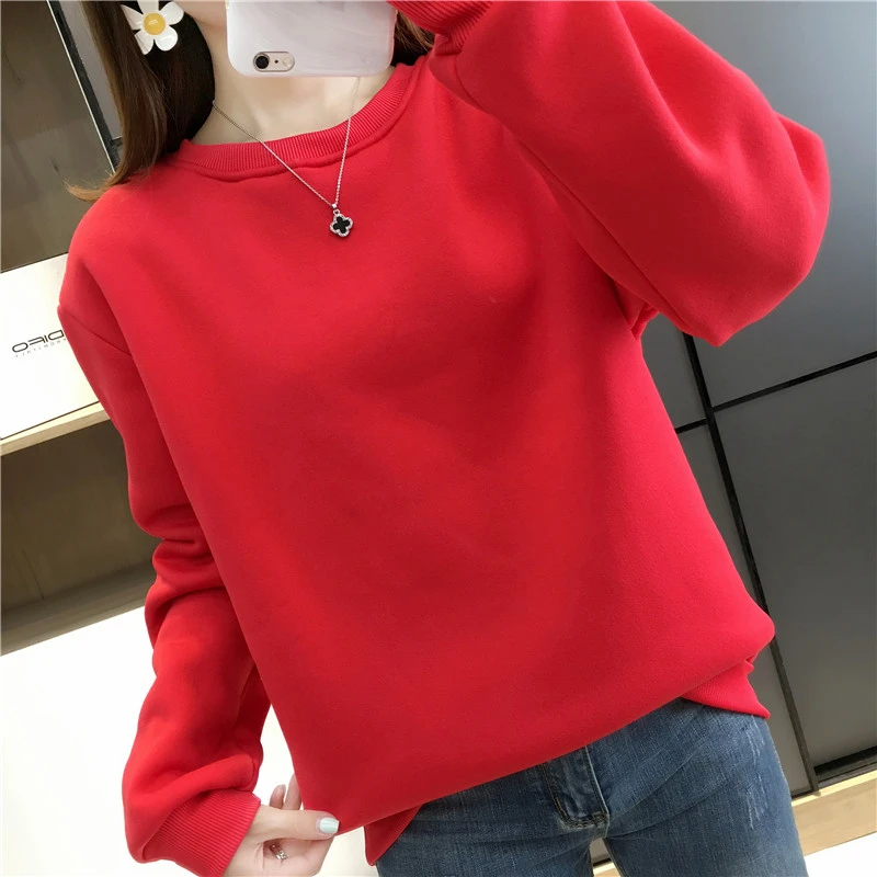 Casual Thick Women’s Sweatshirts 2024 Solid Color Lovers Autumn Winter Plus Velvet Long Sleeves Loose Pullover Female Clothes