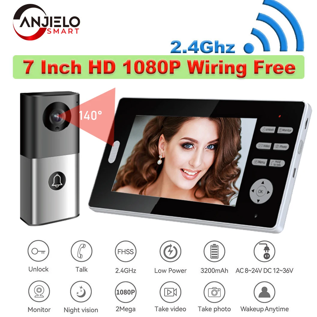 7 Inch HD 1080P 2.4Ghz Long Range Coverage Doorbell Wireless Video Intercom 2MP Door Unlock Monitor 140° Home Security Monitor