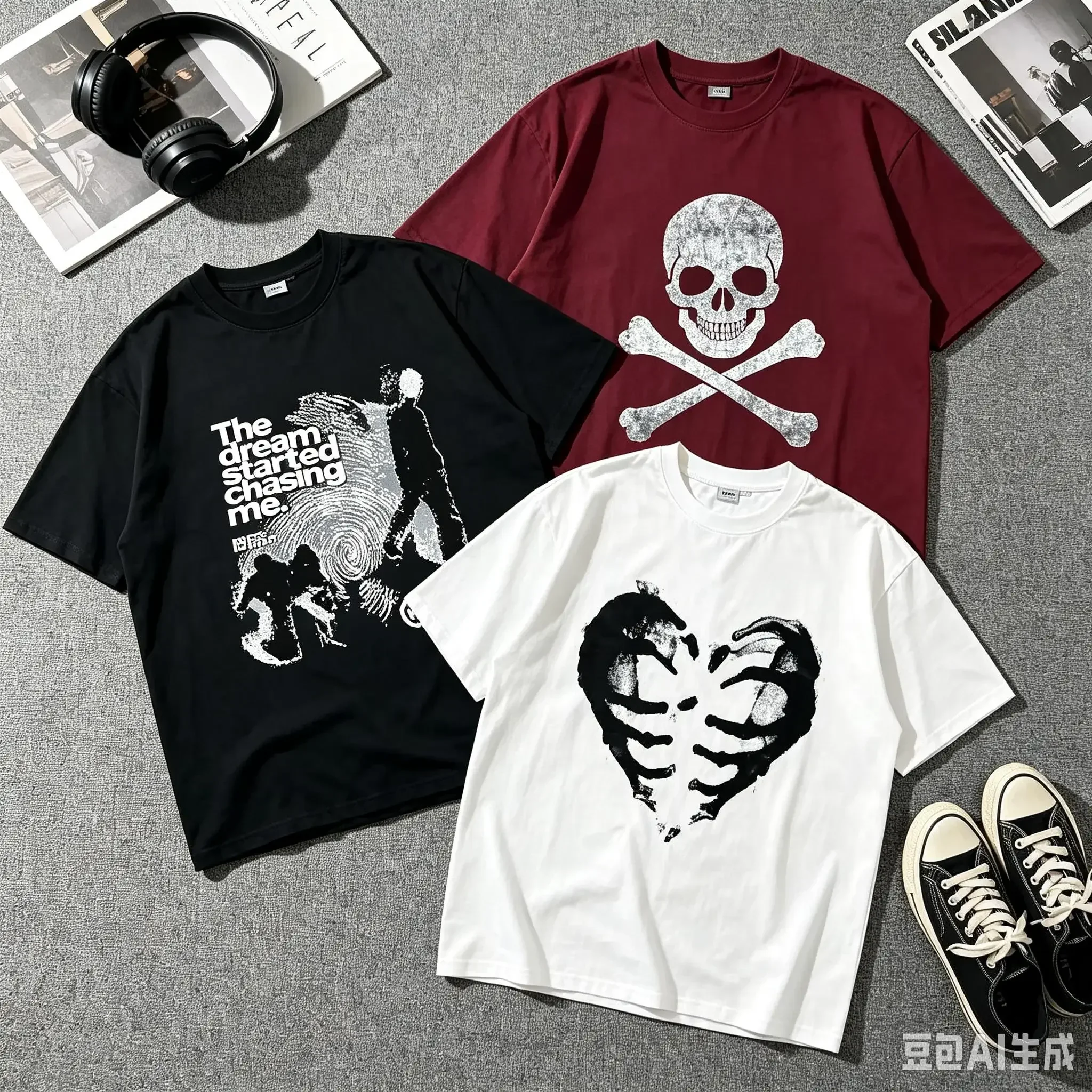 2026 Unisex Y2K Grunge Streetwear 3-Pack T-Shirt Multipack, Goth Aesthetic Skull Skeleton Heart Graphic Tees With Slogan Letter Print, Casual Short Sleeve Basic Tops For Daily Outfit