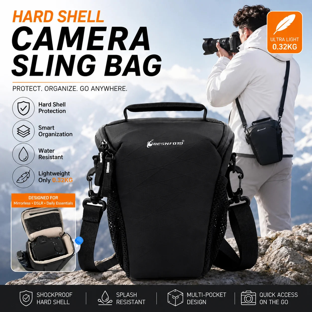 Besnfoto Camera Holster Bag Hard Shell Waterproof Shoulder Sling Case with Mesh Pocket for Mirrorless DSLR Camera