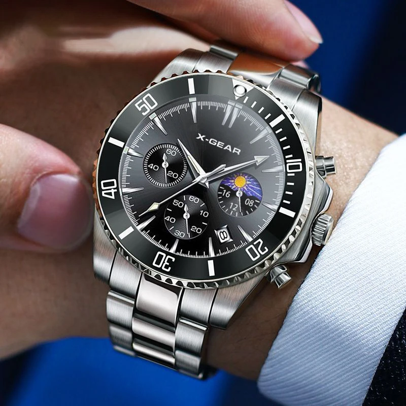 

X-GEAR модные мужские часы для мужчин спортивные водонепроницаемые кварцевые часы из нержавеющей стали роскошные мужские деловые светящиеся часы