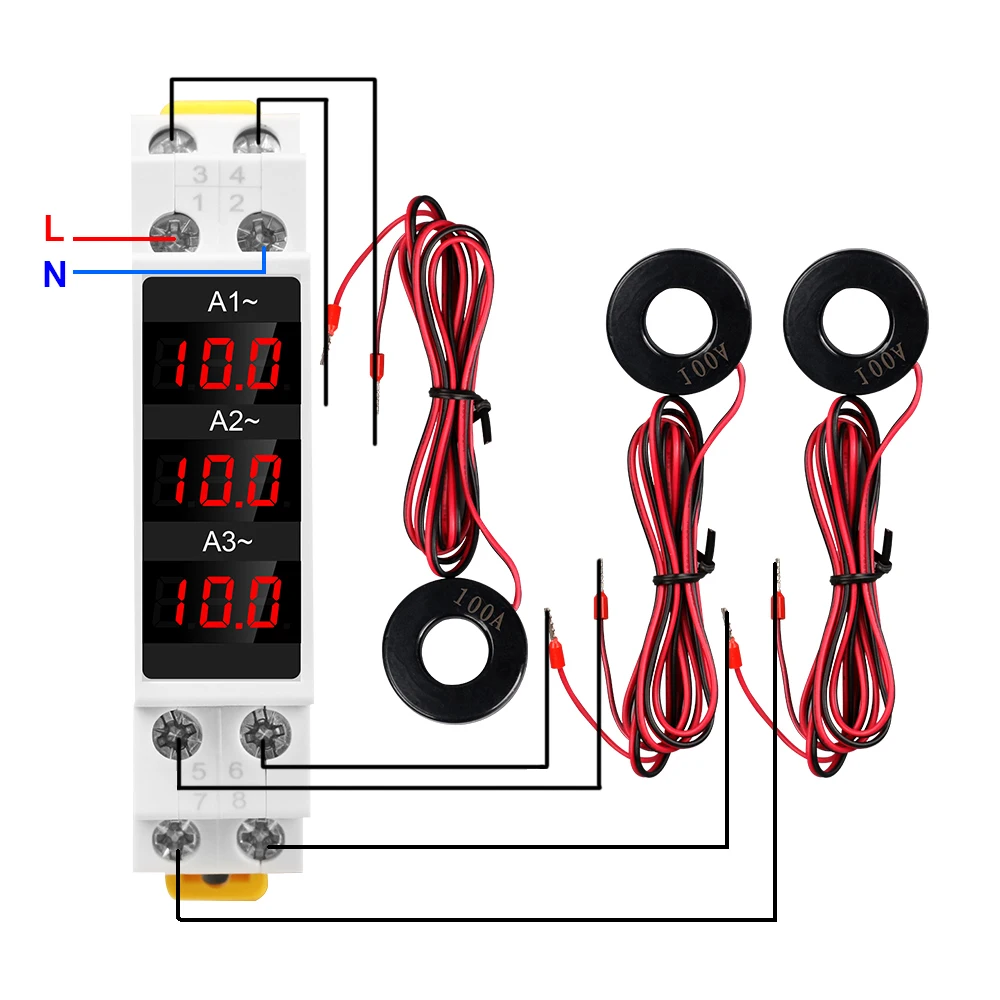 Imagem -03 - Mini Trilho Din Display Digital Trifásico Medidor de Corrente Modular ac 80500v 1100a Testador de Corrente Amperímetro ac