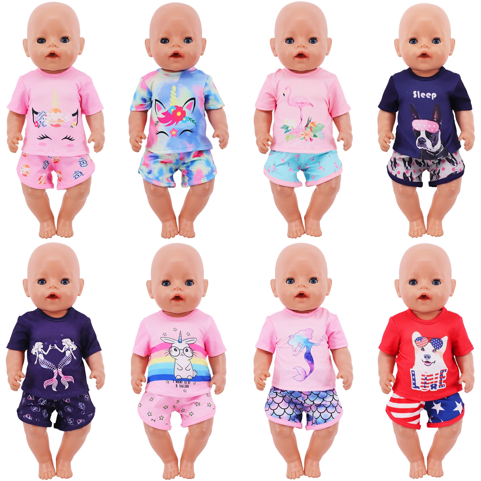 Doll Clothes Kawaii Unicorn/Animal Print T-shirt+Shorts For 43Cm Rebirth Doll 18 Inch Baby Doll DIY Toy Gifts,Our Generation