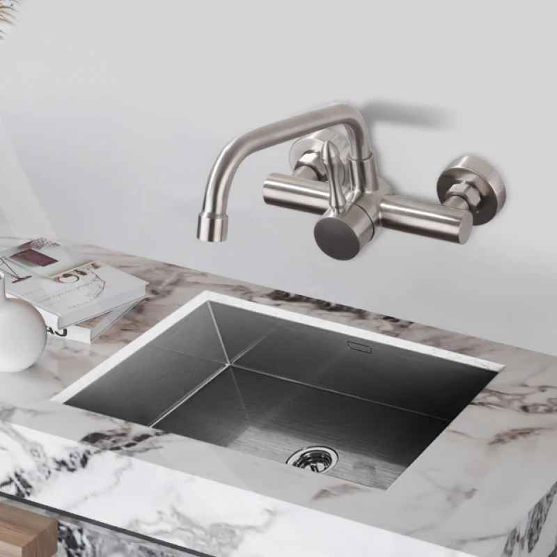 Double Hole Kitchen Sink Faucet Wall Mounted Rotatable 360° Vessel Sink Faucet Modern Single Handle Hot and Cold Mixer Tap