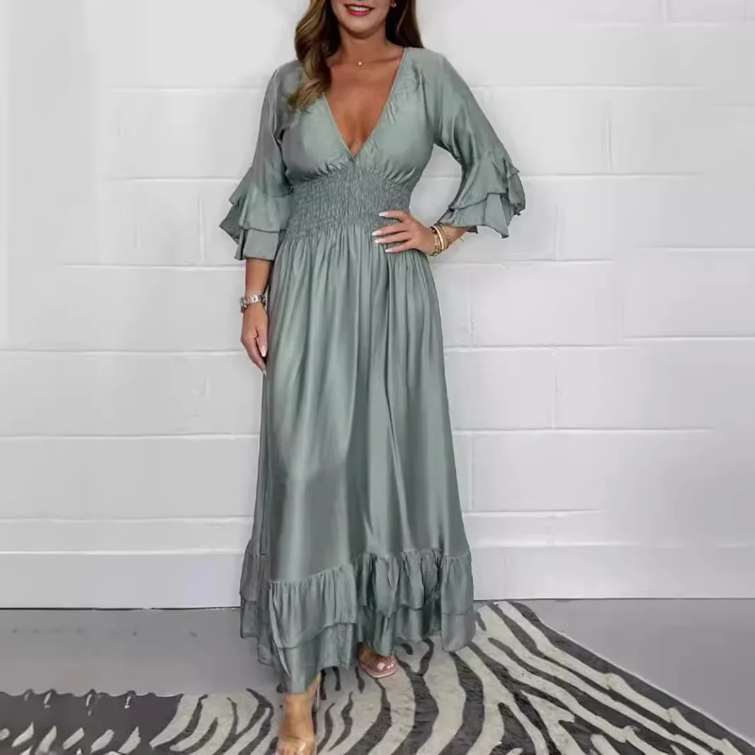 Women's Dresses Spring Autumn Deep V-neck Ruffles Sleeve Solid Color Satin Face Casual Design Sense Women Streetwear Robe Femme