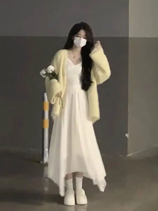 

Soft Yellow Sweater Jacket And Halter Top with Skirt Set Sweet Style Loose Fit Autumn Winter Fashion Women's Three-Piece Suit