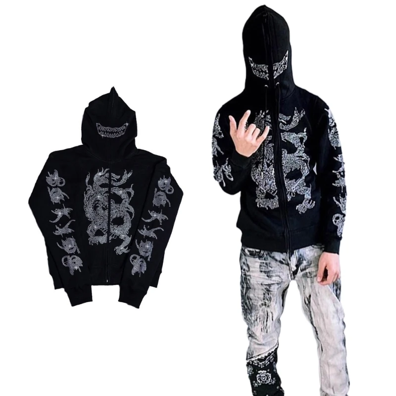 

Women Gothic Punk Oversized Hoodie Jackets Rhinestones Dragons Sweatshirt Dropship