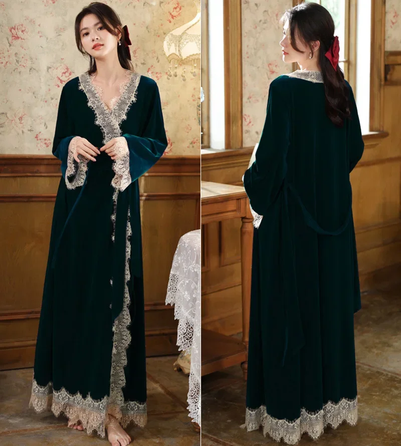 Elegant Sleepwear Lace V-Neck Velvet Night Dress Robes for Women Two Pieces Autumn Winter Nightwear Vintage Princess Nightgowns