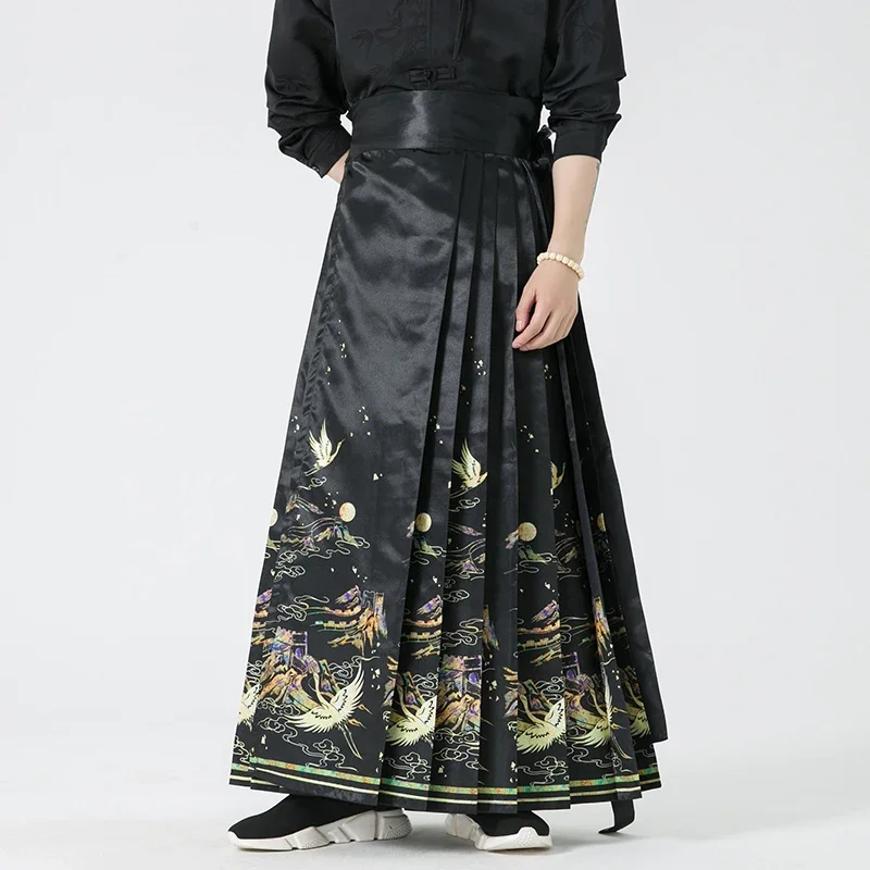 

2024 Весенняя мужская юбка, брюки, мужская юбка Hanfu с лицом лошади, мужская модная уличная одежда, винтажная юбка, мужская уличная одежда, свободные эластичные брюки