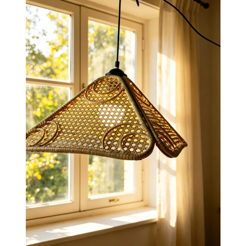 Triangle Handwoven Rattan Lamp Shade Boho Wicker Ceiling Pendant Light Cover For Bedroom Dining Room Household Interior Decor