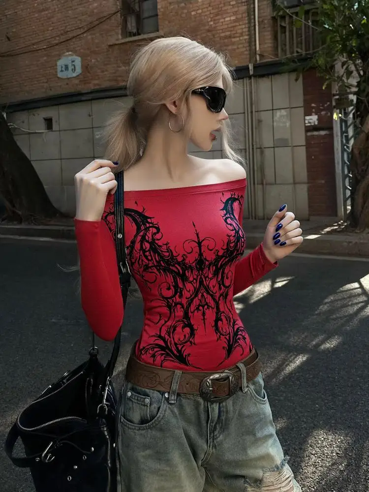 Erwofeina Hotsweet футболка с принтом женские осенние топы с длинными рукавами с открытыми плечами одежда 2000-х годов Y2k футболки с графическим рисунком женская одежда гот