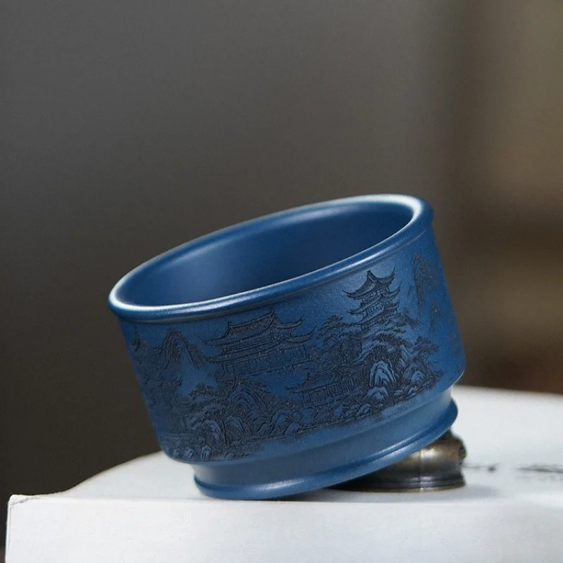 Hand Carved Landscape Pattern Purple Clay Master Cup Raw Ore Clay Kung Fu Tasting Cup For Traditional Household Tea Brewing
