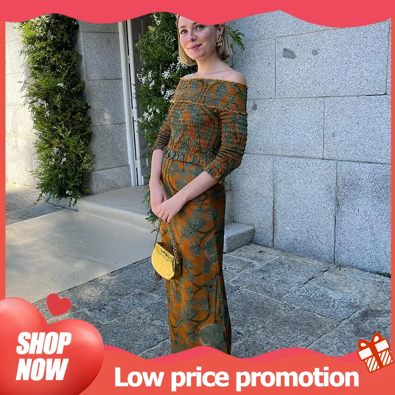 Fashion One Line Neck Printing Pleated Dress Women Elegant Slim Long Sleeve Midi Dress 2025 Summer Lady Highstreet Holiday Robe