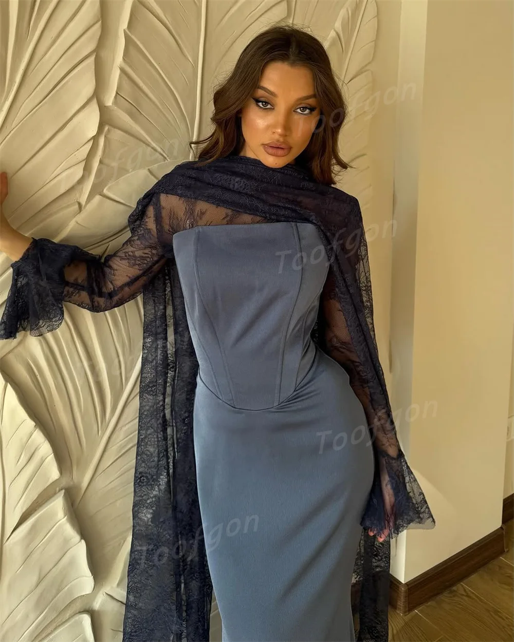 Toofgon Hoge Hals Marineblauw Zeemeermin Avondjurken Aangepaste Zijde Satijn Lange Kanten Mouw Galajurk Vrouwen Formele Feestjurk