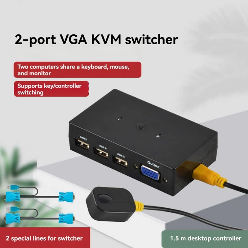 2-Port VGA KVM Switch Two-In-One-Out With Desktop Controller Shared Set Of Keyboard, Mouse And Monitor
