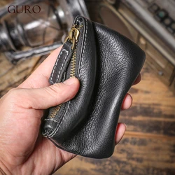 GURO-Mini monedero de cuero genuino para hombre y mujer, billetera corta con cremallera, tarjetero pequeño de cuero de vaca, bolsos cuadrados para llaves diarias