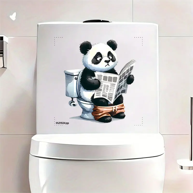 1Pc Fun Animal-Themed Toilet Wall Sticker, Featuring a Cute and Playful Black and White Panda Sitting on the Toilet Reading a Newspaper Design, Suitable for Toilet Lids, Bathroom Glass, Washbasins, Refrigerators, Cabinets, Doors, Windows, and Wall Decals. Fun and Attractive Stickers That Are Practical and Easy to Use, Creating a Lively Bathroom Atmosphere. a Fun and Heartwarming Gift for Family, Friends, and Colleagues