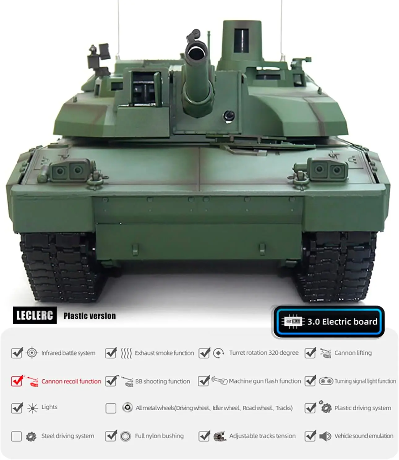 3.0 Mainboard 24.6-Inch Remote Control Tank Leclerc Tank 1/16 War RC Military Vehicle Simulation Smoke Barrel Telescoping BB-Sho