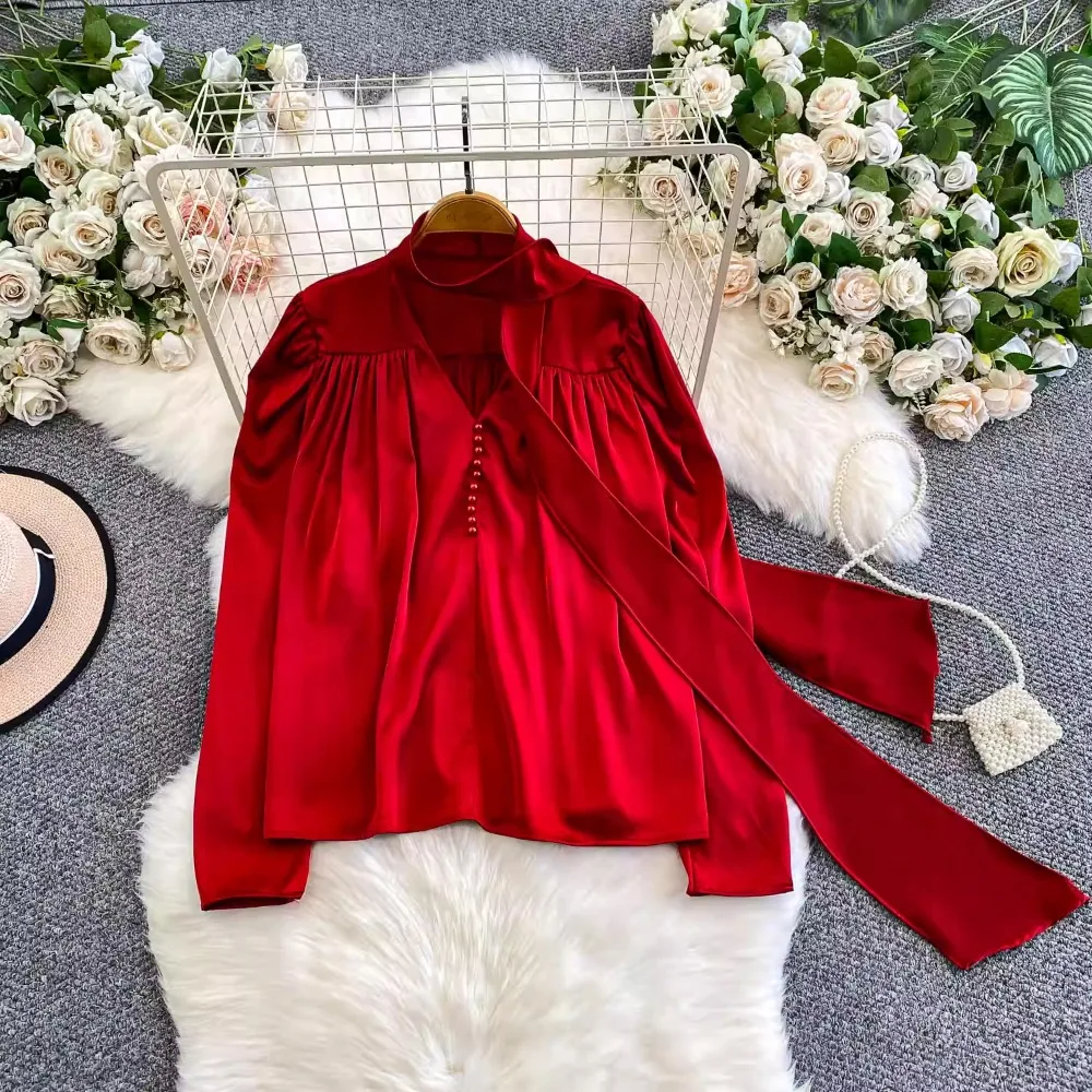 

Light mature style goddess style elegant ribbon V-neck shirt for women in autumn and winter, anti-wrinkle satin, versatile