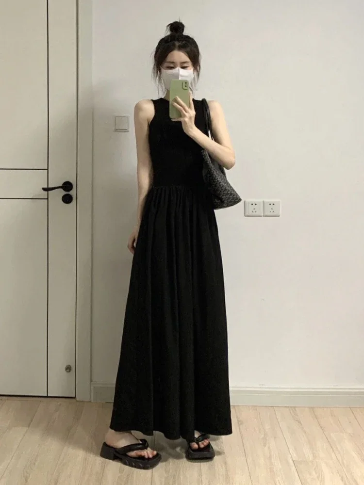 Sukienka maxi damska letnia streetwear tunika vestidos elegancka uniwersalna linia A kobieca temperament harajuku jednolity kolor miękka vintage