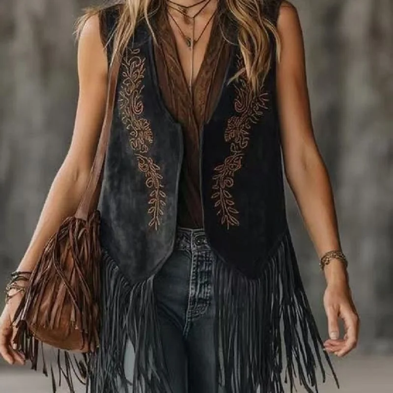 Womens Embroidered Vest Fringe Waistcoat