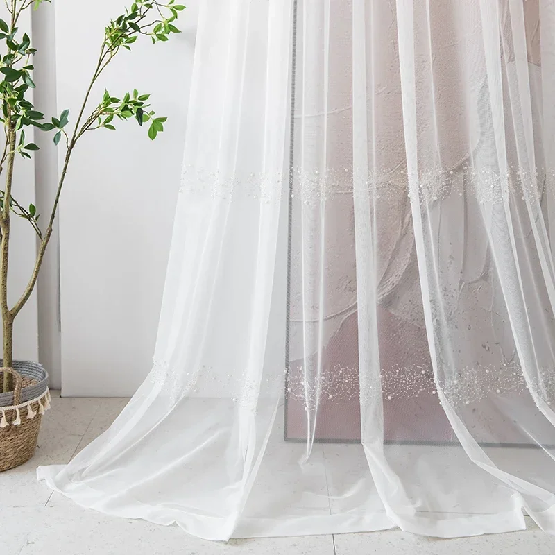 French Light Luxury Pearl Series Tulle Curtain Bright Diamond Window Screen For Living Room Bedroom Balcony Sheers Custom zh452