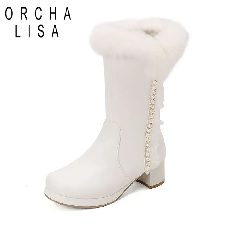 ORCHALISA Rabbit Fur Ladies Mid Calf Footwear Chunky Heel 5cm Raised Base Zipper Bead Ornament  Sizes 30 31