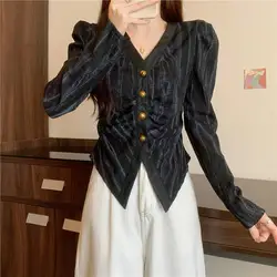 V넥 용수철 단색 가디건 단추 긴팔 티셔츠, 여성 의류, 캐주얼 패션, 오피스 레이디 미적 상의, 가을