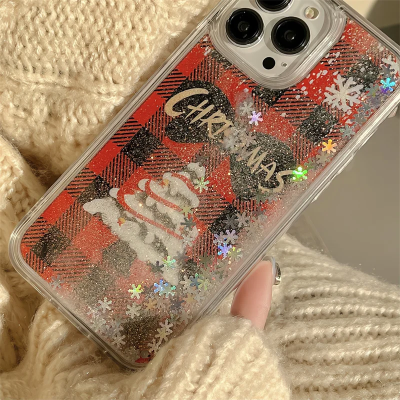 Christmas Cartoon New Year Gifts Wish Tree Star Liquid Quicksand Bling Glitter Phone Case for iPhone 16 15 14 13 12 11 Cover