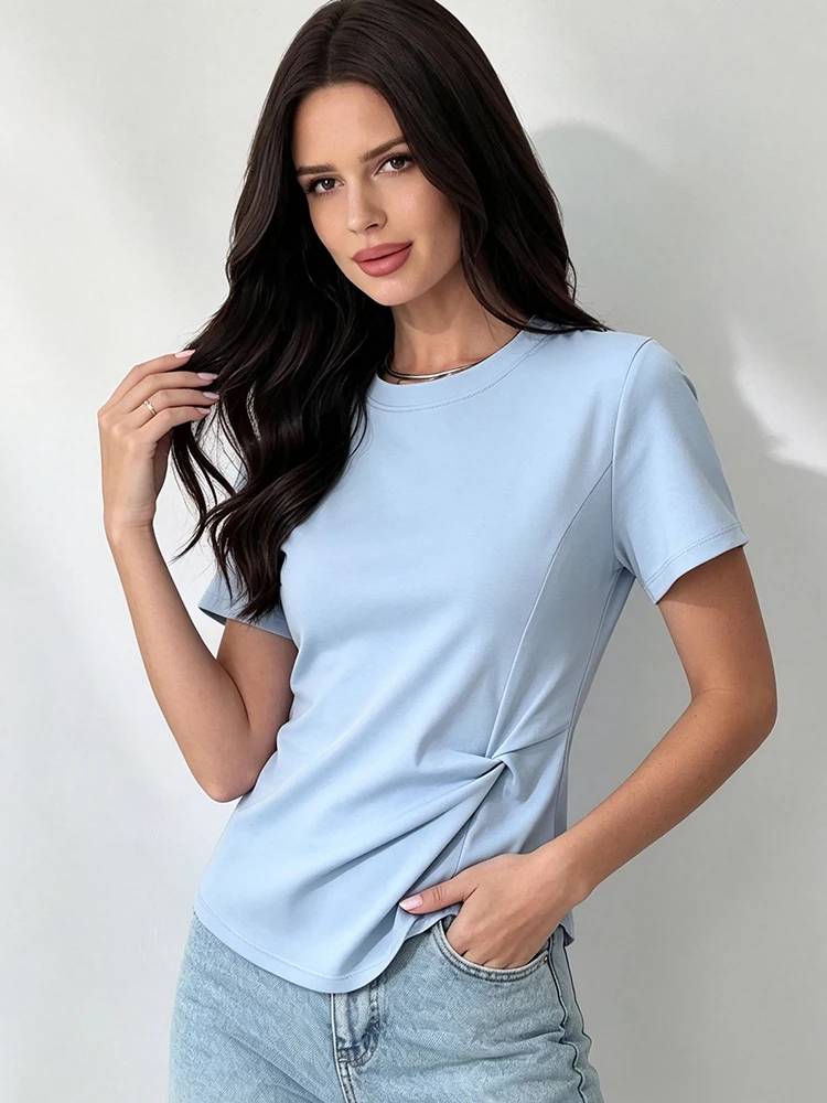 Women Twist Knot Asymmetric Mercerized Cotton Tee Round Neck Short Sleeve Slim Fit Elegant 2026 Spring Summer Casual Tops