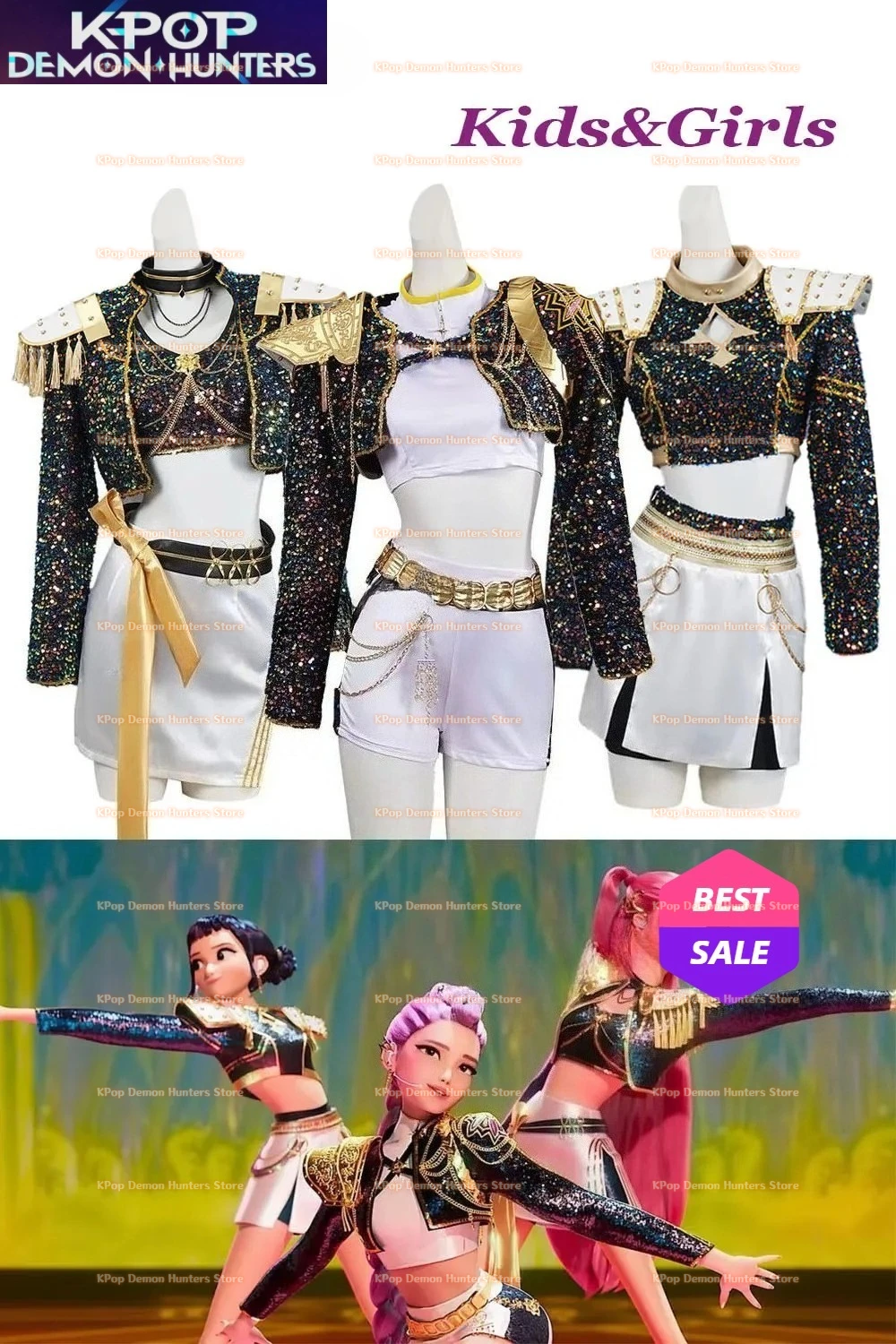 

Kids Girls Rumi Zoey Mira Kpop Demon Hunters Cosplay Costume Black Golden Version Stage Cloth Children Party Halloween Carnival
