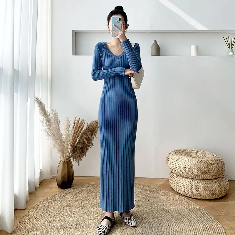 

Women Sweater Dresses Long Sleeves Sexy Midi Fashion Elastic Knitted Party Dress New Autumn Ankle-length Pullover B232