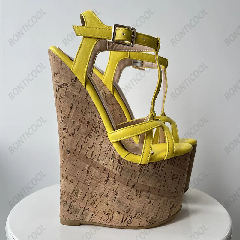 Ronticool Handmade Women T-strap Sandals Ultra High Wedges Heels Round Toe Classics Black Dress Shoes Ladies US Plus Size 5-15