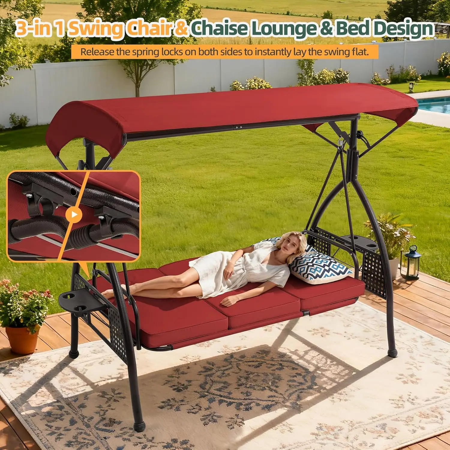 3-Seat Patio Swing with Adjustable Canopy & 7-Level Side, Convertible Bed with Cushion & Cup Holder for Yard Garden, Customized