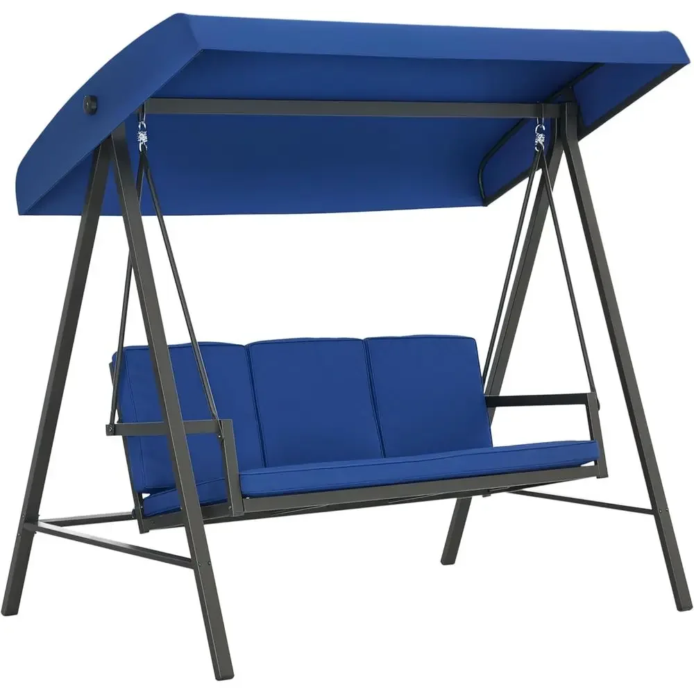 Heavy-Duty 3-Seat Outdoor Swing with Stand, Adjustable Cushions, Mesh Seat, Ideal for Patio, Garden, Backyard, Poolside - Blue