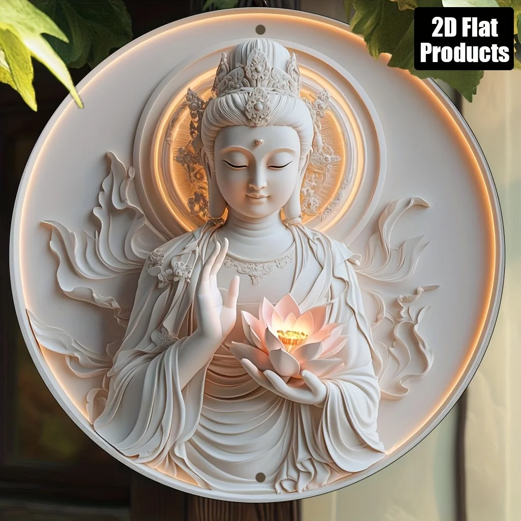 2D Flat - 8x8 Inch Round Aluminum Wall Art - Buddha with for Lotus Flower Design, High-Definition Vintage Decor for Home, Office