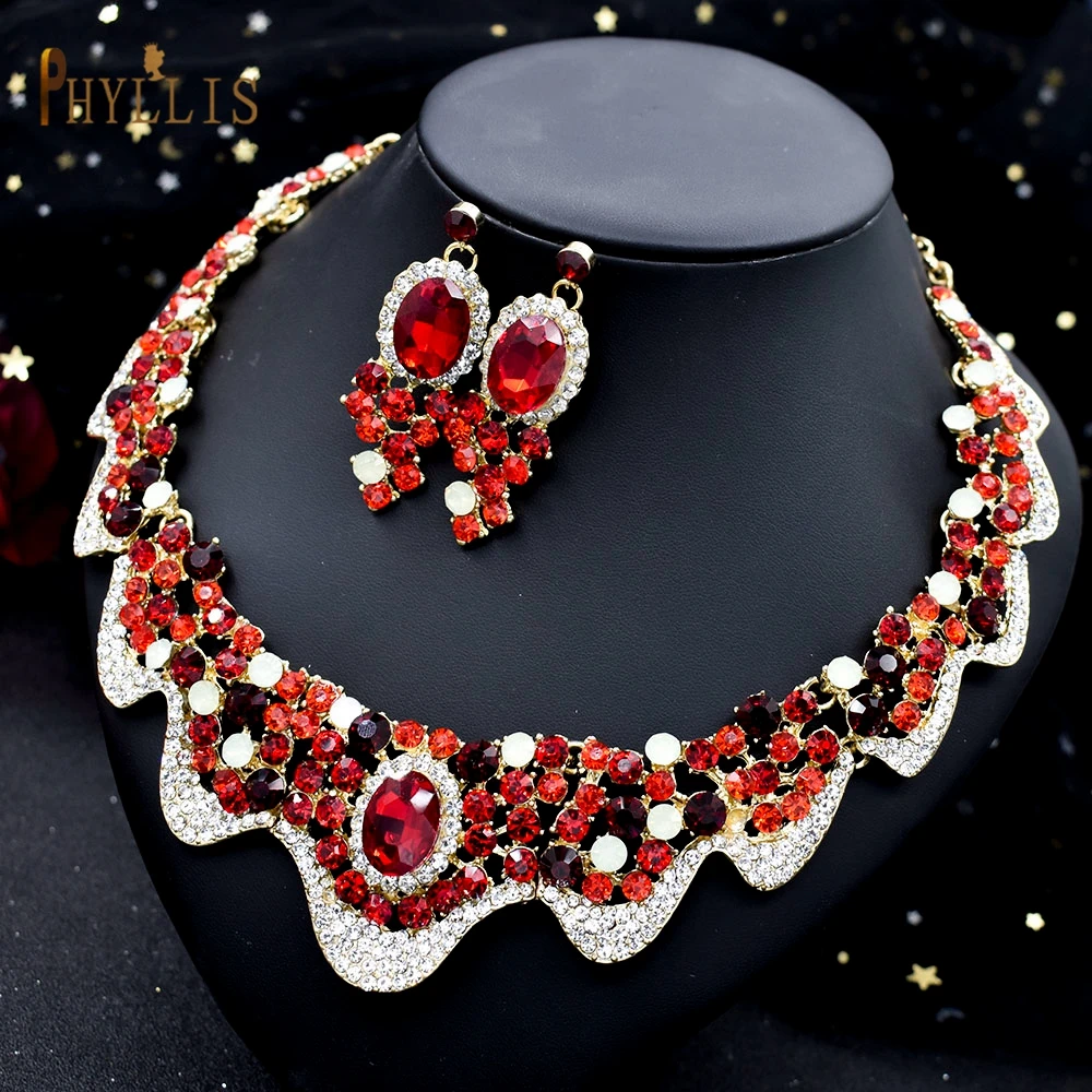 C41 Charming Costume Accessories Earrings And Necklace Jewelry Sets Red Green Wedding Bridal Formal Party Prom Jewelry Sets