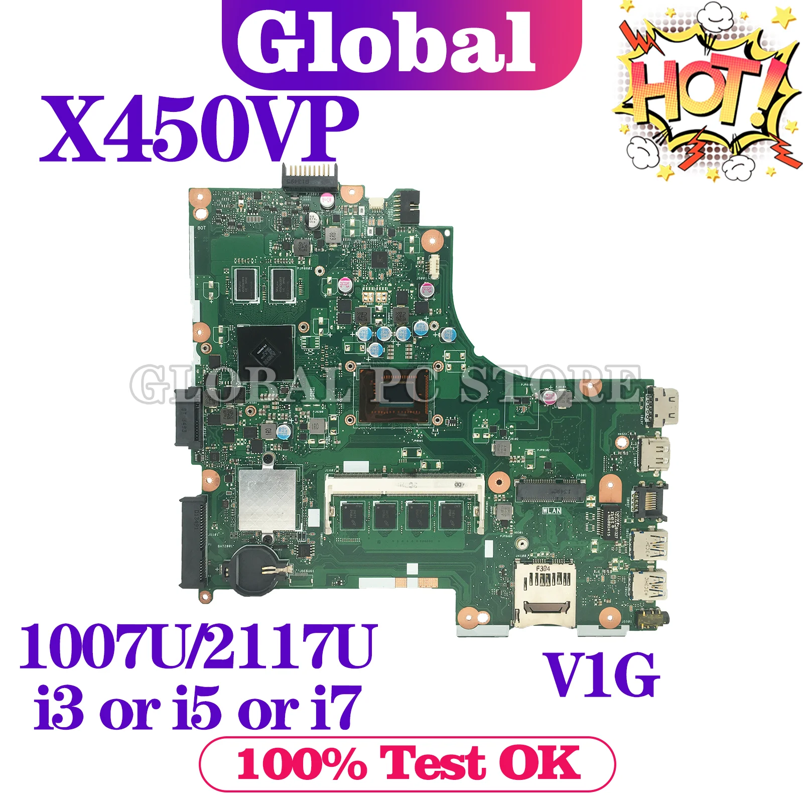 KEFU Mainboard For ASUS X450VP X450V X450CP D452VP VM400VP Laptop Motherboard 1007U/2117U i3 i5 i7 3th Gen 4GB/RAM V1G