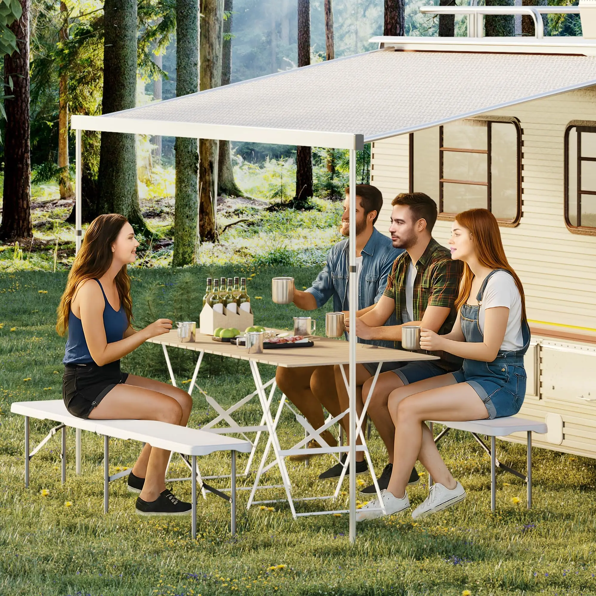 2-Pack 6-Foot Portable Folding Bench, Heavy Duty HDPE Bench Top & Steel Frame, Foldable Outdoor Bench with Carry Handle for Picnic Camping Sports Events (White)