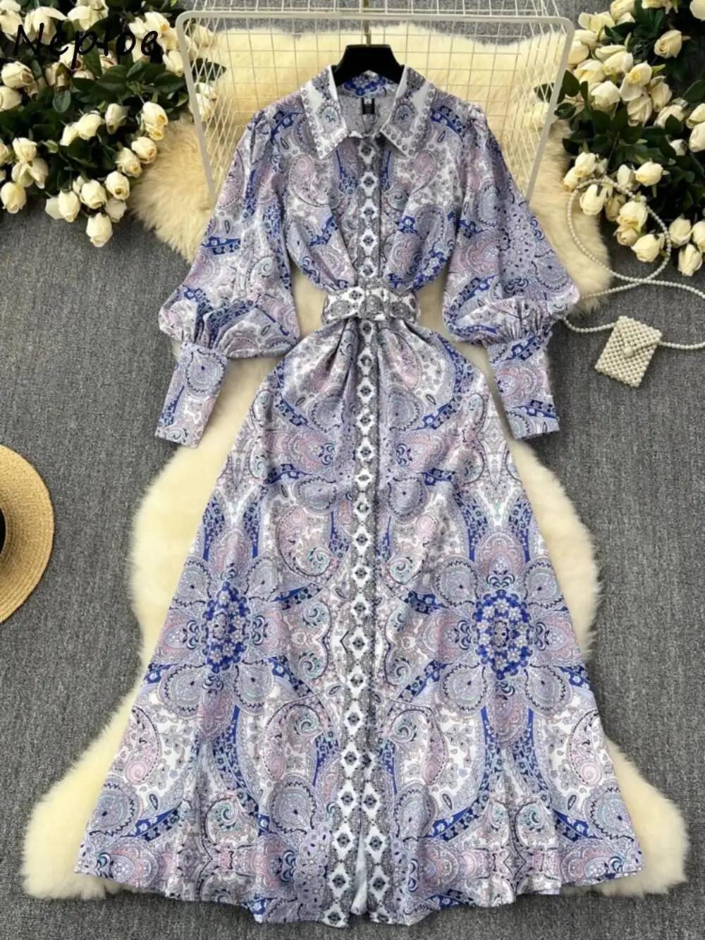 BabYoung Court Vintage Turn-Down Kraag Lantaarn Mouw Jurk Franse Stijl Print Slim Fit Shirt Gewaad Riem Elegante Casual vestidos