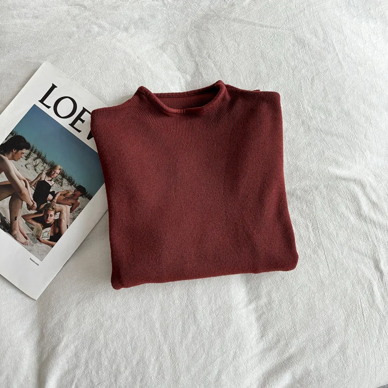 Pulôver suéter apertado de manga comprida com guarnição de orelha preta camada base pulôver feminino outono inverno top