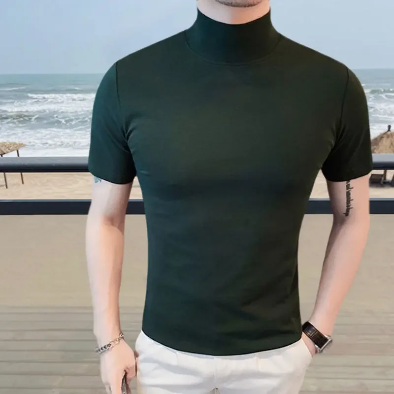 

Simple Solid Color Semi-turtle Neck T Shirt Men Summer Short Sleeve Solid Color T-Shirts Men Slim Fit Tee Shirt Homme Multicolor