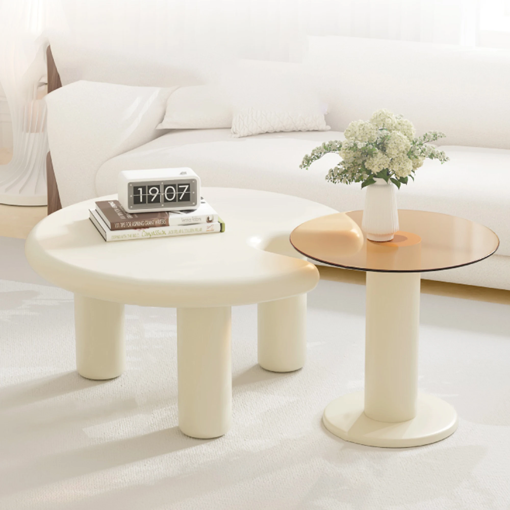 

Circular Beige Cream Coffee Table Set Easy Assembly for Living Room